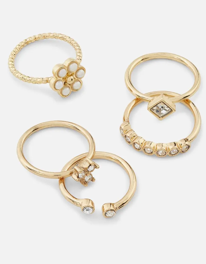 Accessorize Pearl Flower Stacking Ring Set Cream Pearl Women Rings