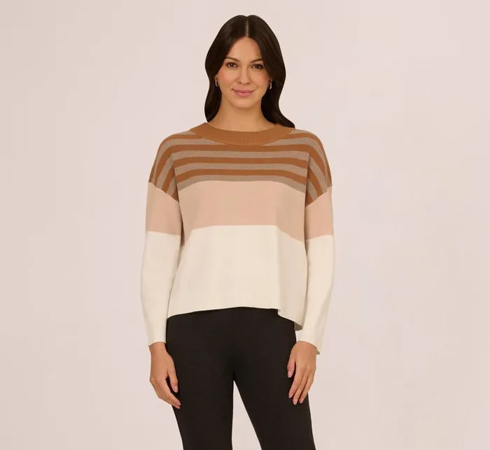 Adrianna Papell Coord Sets Drop Shoulder Boat Neck Color Blocked Sweater In Camel Ht Oatmeal Block Multi 8211 Women