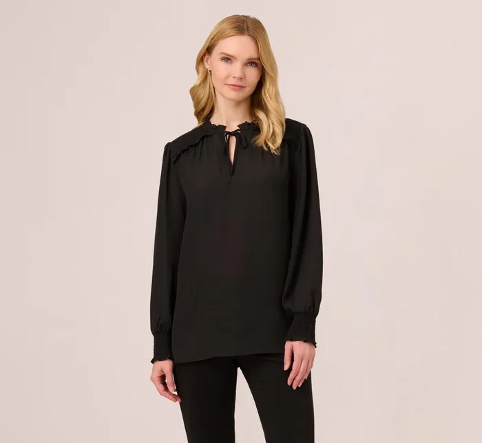 Adrianna Papell Coord Sets Ruffle Tie Neck Top With Smocked Long Sleeves In Black 8211 Women Adrianna Papell Coord Sets Ruffle Tie Neck Top With Smocked Long Sleeves In Black 8211 Women