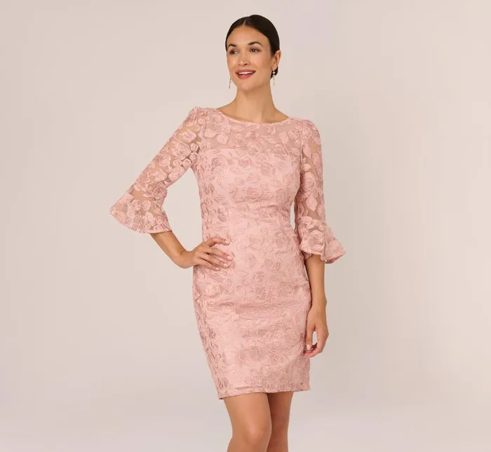 Adrianna Papell Day Dresses Bell Sleeve Rose Embroidered Sheath Dress In Dusty Rose 8211 Women Adrianna Papell Day Dresses Bell Sleeve Rose Embroidered Sheath Dress In Dusty Rose 8211 Women