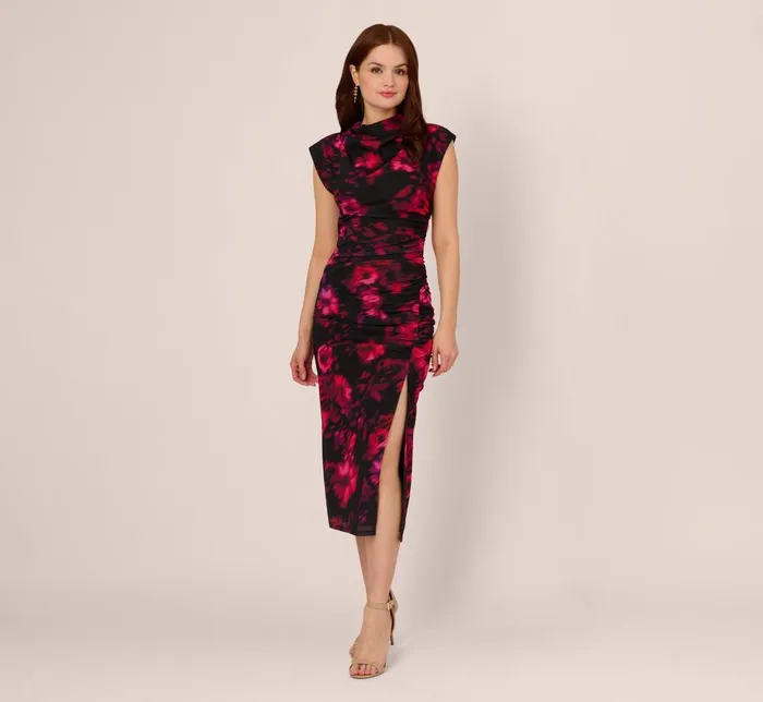 Adrianna Papell Day Dresses Floral Print Jersey Ankle Length Dress With Draped Details In Black Pink Multi 8211 Women Adrianna Papell Day Dresses Floral Print Jersey Ankle Length Dress With Draped Details In Black Pink Multi 8211 Women
