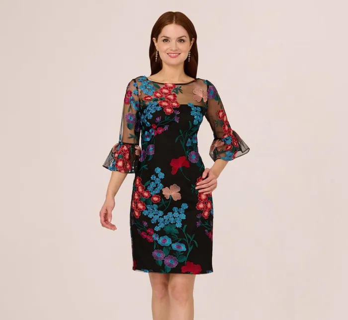 Adrianna Papell Day Dresses Multicolor Floral Embroidered Sheath Dress With Sheer Bell Sleeves In Black Multi 8211 Women Adrianna Papell Day Dresses Multicolor Floral Embroidered Sheath Dress With Sheer Bell Sleeves In Black Multi 8211 Women