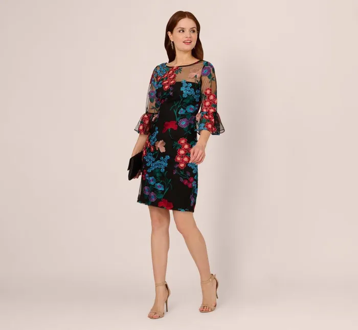 Adrianna Papell Day Dresses Multicolor Floral Embroidered Sheath Dress With Sheer Bell Sleeves In Black Multi 8211 Women