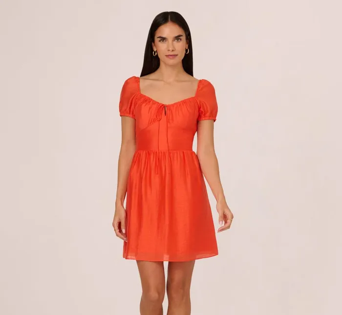 Adrianna Papell Day Dresses Shirred Fit And Flare Dress With Puff Short Sleeves In Orange Spice 8211 Women Adrianna Papell Day Dresses Shirred Fit And Flare Dress With Puff Short Sleeves In Orange Spice 8211 Women