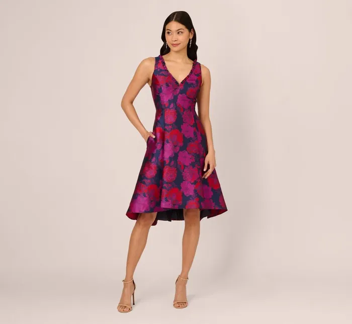 Adrianna Papell Day Dresses Sleeveless Floral Jacquard Midi Dress With High Low Skirt In Navy Multi 8211 Women Adrianna Papell Day Dresses Sleeveless Floral Jacquard Midi Dress With High Low Skirt In Navy Multi 8211 Women