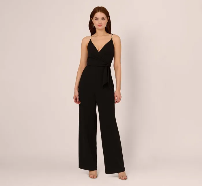 Adrianna Papell Day Dresses Wide Leg Jumpsuit With Pearl Chain Spaghetti Straps In Black 8211 Women Adrianna Papell Day Dresses Wide Leg Jumpsuit With Pearl Chain Spaghetti Straps In Black 8211 Women