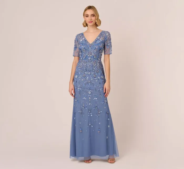 Adrianna Papell Formal Dresses 3d Floral Beaded Mermaid Gown With Sheer Short Sleeves In French Blue 8211 Women Adrianna Papell Formal Dresses 3d Floral Beaded Mermaid Gown With Sheer Short Sleeves In French Blue 8211 Women