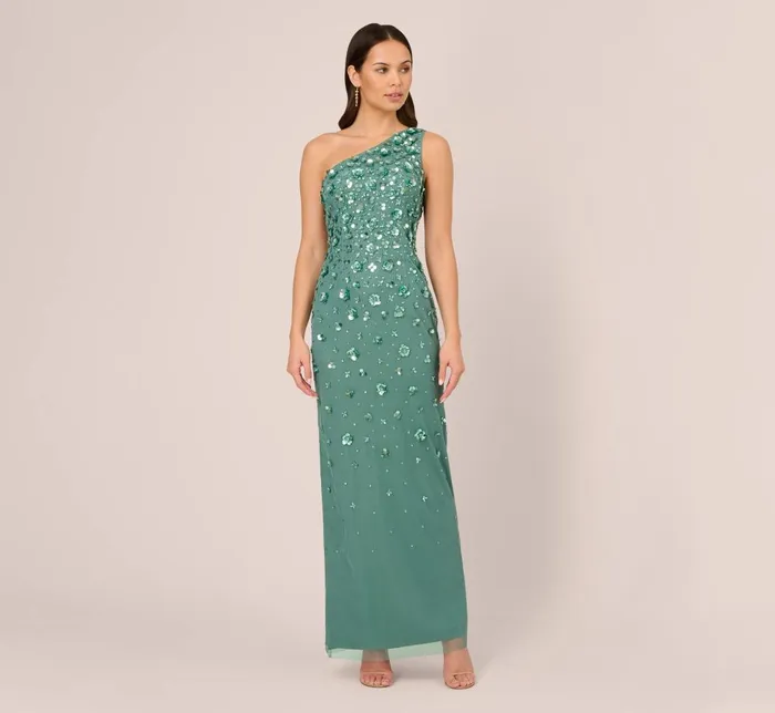 Adrianna Papell Formal Dresses 3d Floral HandBeaded OneShoulder Long Column Gown In Green Slate 8211 Women Adrianna Papell Formal Dresses 3d Floral HandBeaded OneShoulder Long Column Gown In Green Slate 8211 Women