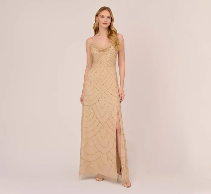Adrianna Papell Formal Dresses Art Deco Beaded Mermaid Gown With Cowl Neckline In Champagne Gold 8211 Women Adrianna Papell Formal Dresses Art Deco Beaded Mermaid Gown With Cowl Neckline In Champagne Gold 8211 Women