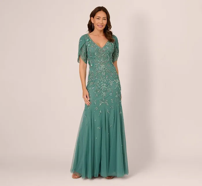 Adrianna Papell Formal Dresses Beaded Mermaid Gown With Sheer Petal Sleeves In Green Slate 8211 Women Adrianna Papell Formal Dresses Beaded Mermaid Gown With Sheer Petal Sleeves In Green Slate 8211 Women