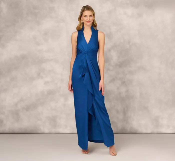 Adrianna Papell Formal Dresses Crepe Back Satin Sleeveless Gown With Ruffle Accent In Deep Ocean 8211 Women Adrianna Papell Formal Dresses Crepe Back Satin Sleeveless Gown With Ruffle Accent In Deep Ocean 8211 Women