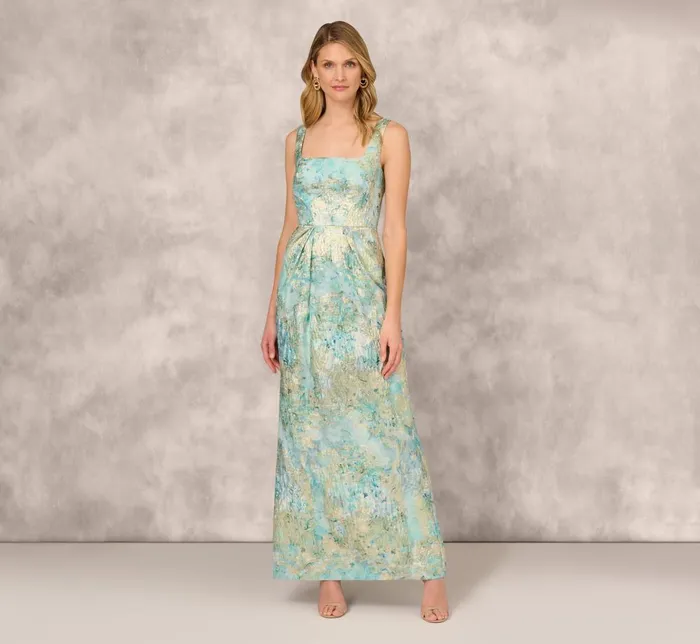 Adrianna Papell Formal Dresses Floral Jacquard Gown With Pleated Waist In Green Multi 8211 Women Adrianna Papell Formal Dresses Floral Jacquard Gown With Pleated Waist In Green Multi 8211 Women