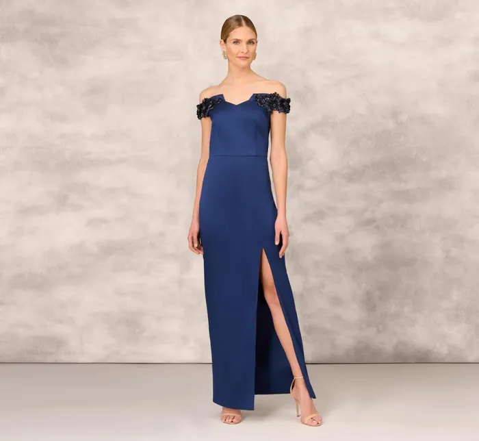 Adrianna Papell Formal Dresses Hand Beaded Off The Shoulder Long Column Gown With Slit In Navy 8211 Women Adrianna Papell Formal Dresses Hand Beaded Off The Shoulder Long Column Gown With Slit In Navy 8211 Women