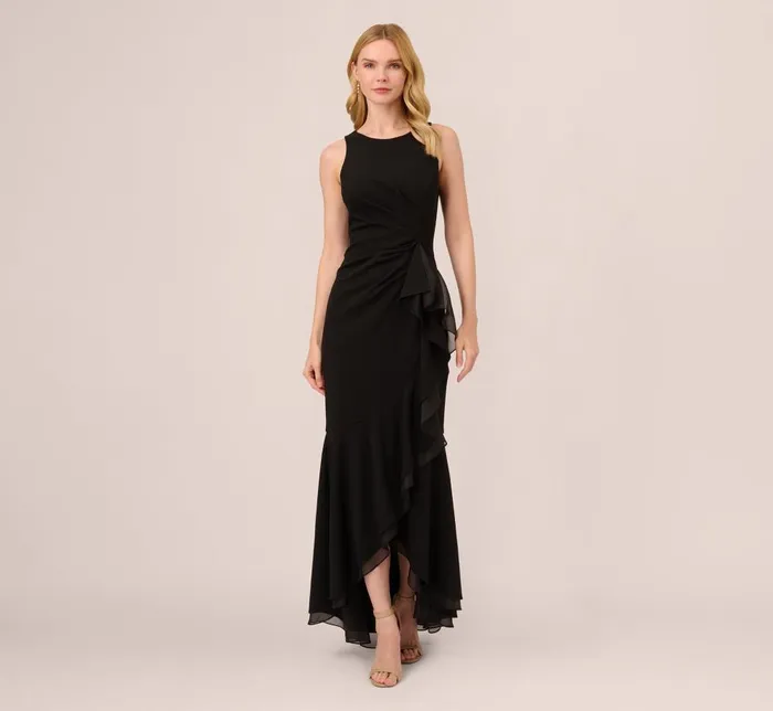 Adrianna Papell Formal Dresses High Low Crepe Halter Gown With Organza Draping In Black 8211 Women Adrianna Papell Formal Dresses High Low Crepe Halter Gown With Organza Draping In Black 8211 Women