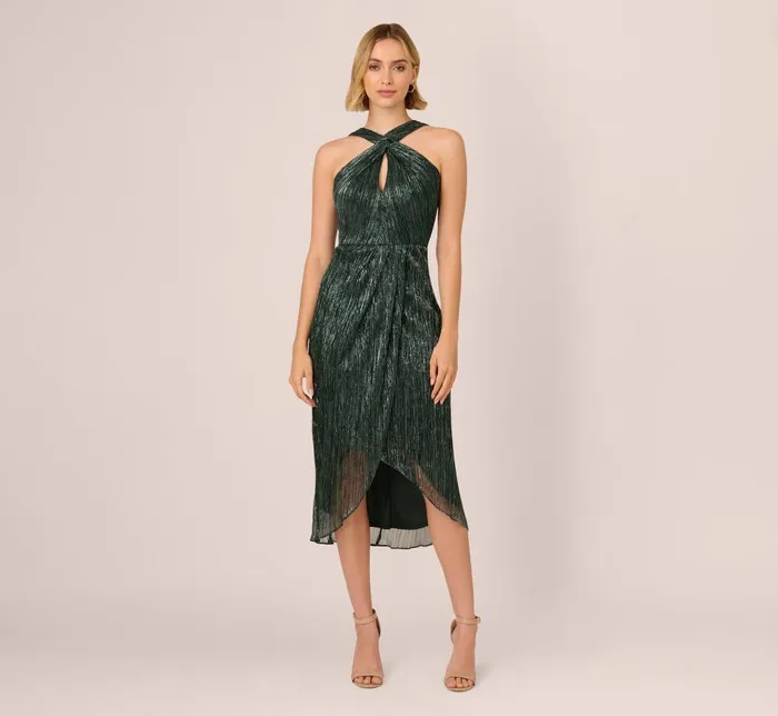 Adrianna Papell Formal Dresses Metallic Knit Halter Midi Dress With Wrap Skirt In Green Pine 8211 Women