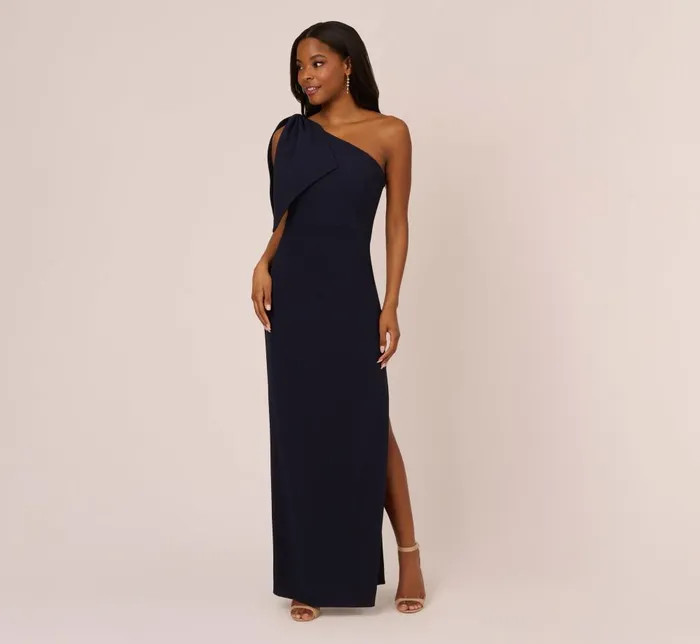 Adrianna Papell Formal Dresses One Shoulder Crepe Gown With Bow Accent In Midnight 8211 Women Adrianna Papell Formal Dresses One Shoulder Crepe Gown With Bow Accent In Midnight 8211 Women