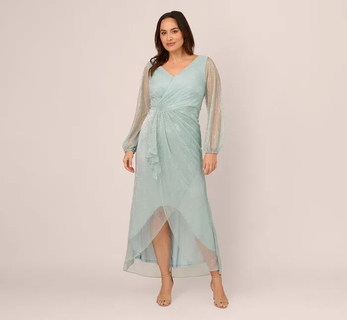 Adrianna Papell Formal Dresses Plus Size Crinkle Metallic Gown With Sheer Bishop Sleeves And Draped Details In Mint Smoke 8211 Women Adrianna Papell Formal Dresses Plus Size Crinkle Metallic Gown With Sheer Bishop Sleeves And Draped Details In Mint Smoke 8211 Women