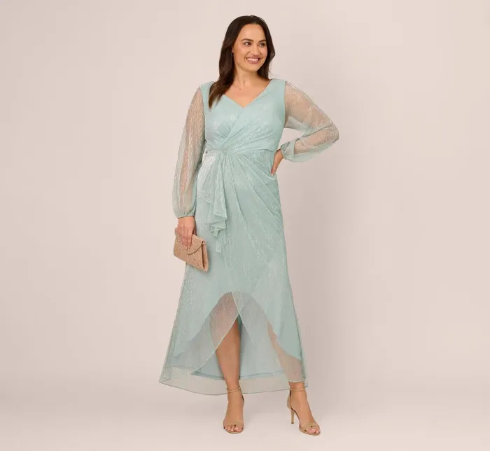 Adrianna Papell Formal Dresses Plus Size Crinkle Metallic Gown With Sheer Bishop Sleeves And Draped Details In Mint Smoke 8211 Women