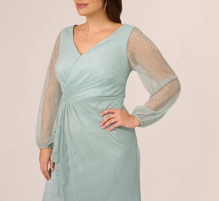 Adrianna Papell Formal Dresses Plus Size Crinkle Metallic Gown With Sheer Bishop Sleeves And Draped Details In Mint Smoke 8211 Women