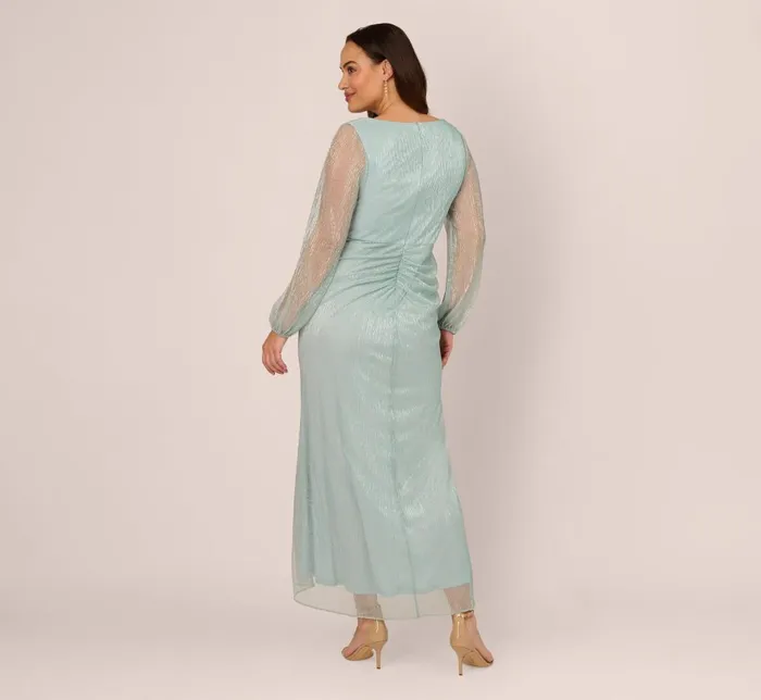 Adrianna Papell Formal Dresses Plus Size Crinkle Metallic Gown With Sheer Bishop Sleeves And Draped Details In Mint Smoke 8211 Women
