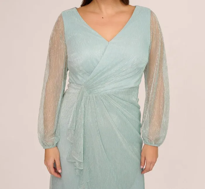 Adrianna Papell Formal Dresses Plus Size Crinkle Metallic Gown With Sheer Bishop Sleeves And Draped Details In Mint Smoke 8211 Women