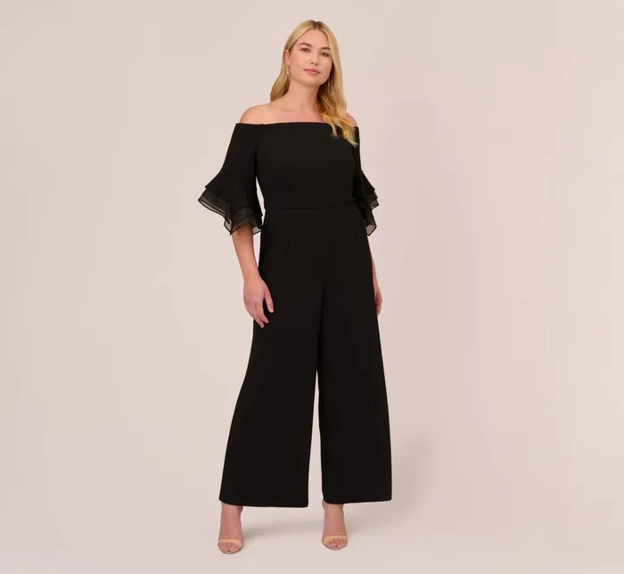 Adrianna Papell Formal Dresses Plus Size Off The Shoulder Crepe Jumpsuit With Organza Sleeves In Black 8211 Women Adrianna Papell Formal Dresses Plus Size Off The Shoulder Crepe Jumpsuit With Organza Sleeves In Black 8211 Women