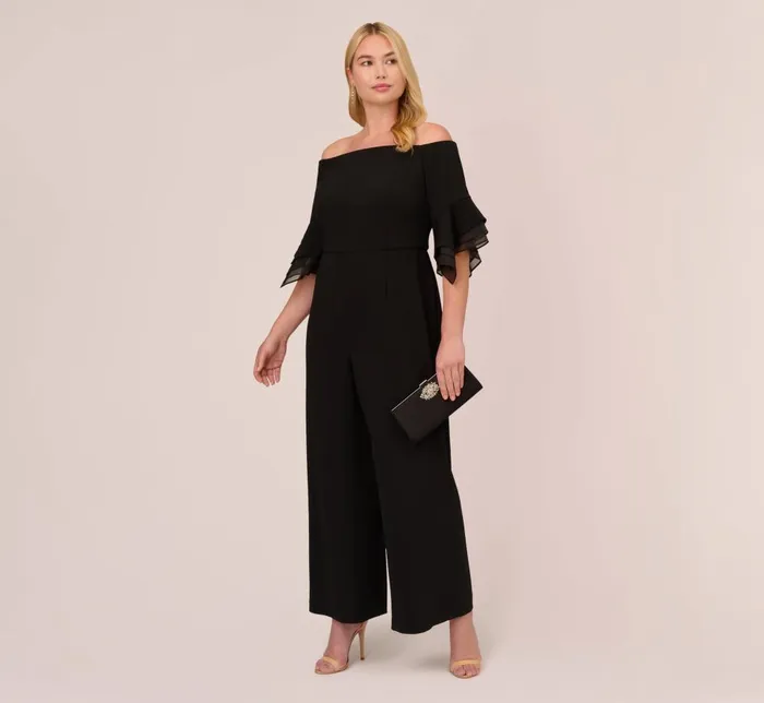 Adrianna Papell Formal Dresses Plus Size Off The Shoulder Crepe Jumpsuit With Organza Sleeves In Black 8211 Women