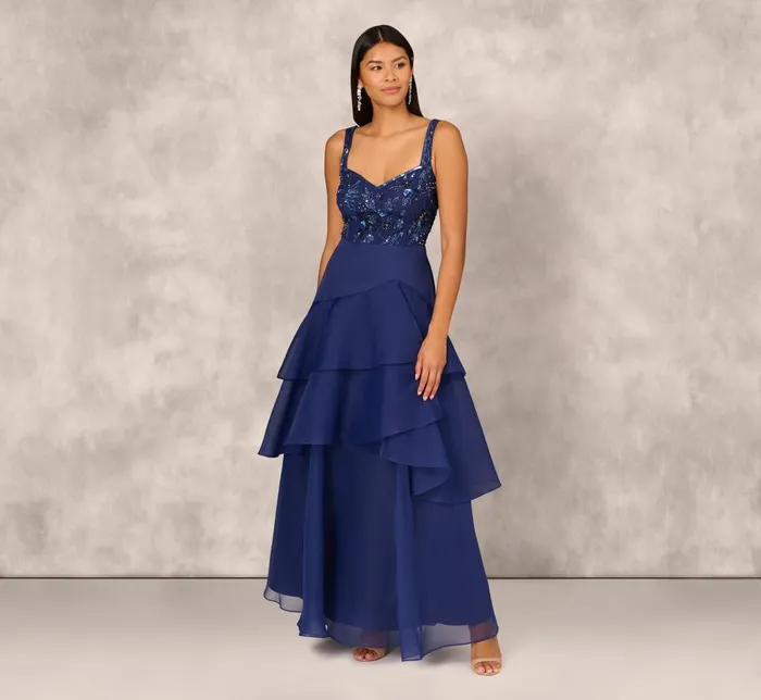 Adrianna Papell Formal Dresses Tiered Organza Gown With Beaded Bodice In Navy 8211 Women Adrianna Papell Formal Dresses Tiered Organza Gown With Beaded Bodice In Navy 8211 Women