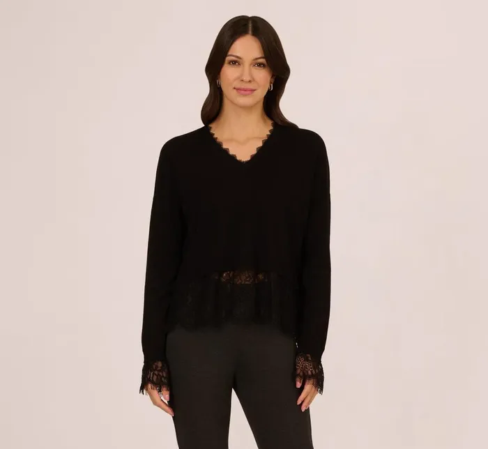 Adrianna Papell Sweaters V Neck Lace Trim Twofer Sweater In Black 8211 Women
