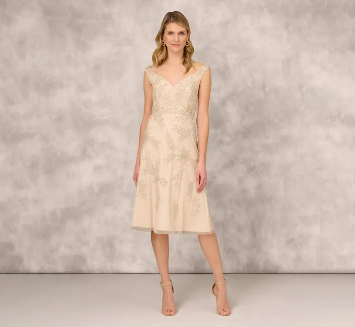 Adrianna Papell Wedding Guest Dresses Beaded Sleeveless Midi Dress With Sweetheart Neckline In Champagne 8211 Women Adrianna Papell Wedding Guest Dresses Beaded Sleeveless Midi Dress With Sweetheart Neckline In Champagne 8211 Women
