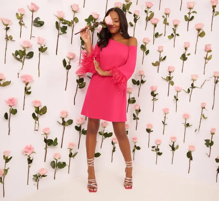 Adrianna Papell Wedding Guest Dresses Knit Crepe One Shoulder Long Sleeve Dress With Feather Accents In Bright Rose 8211 Women Adrianna Papell Wedding Guest Dresses Knit Crepe One Shoulder Long Sleeve Dress With Feather Accents In Bright Rose 8211 Women