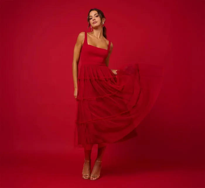 Adrianna Papell Wedding Guest Dresses Sleeveless Midi Dress With Square Neck And Tiered Skirt In Matador Red 8211 Women