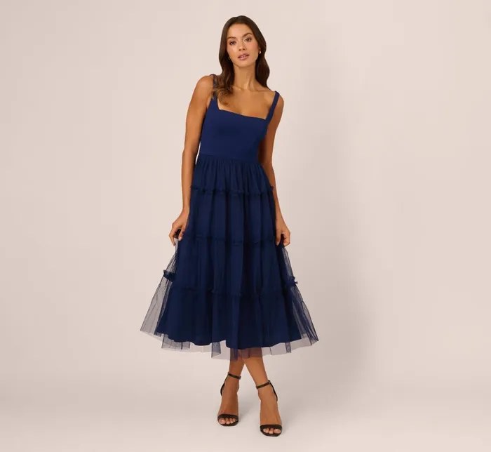 Adrianna Papell Wedding Guest Dresses Sleeveless Midi Dress With Square Neck And Tiered Skirt In Navy 8211 Women Adrianna Papell Wedding Guest Dresses Sleeveless Midi Dress With Square Neck And Tiered Skirt In Navy 8211 Women