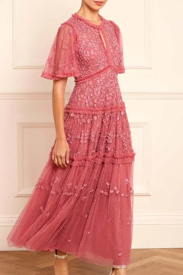 Autumn Lace Ankle Gown Pink Women Needle and Thread Dresses