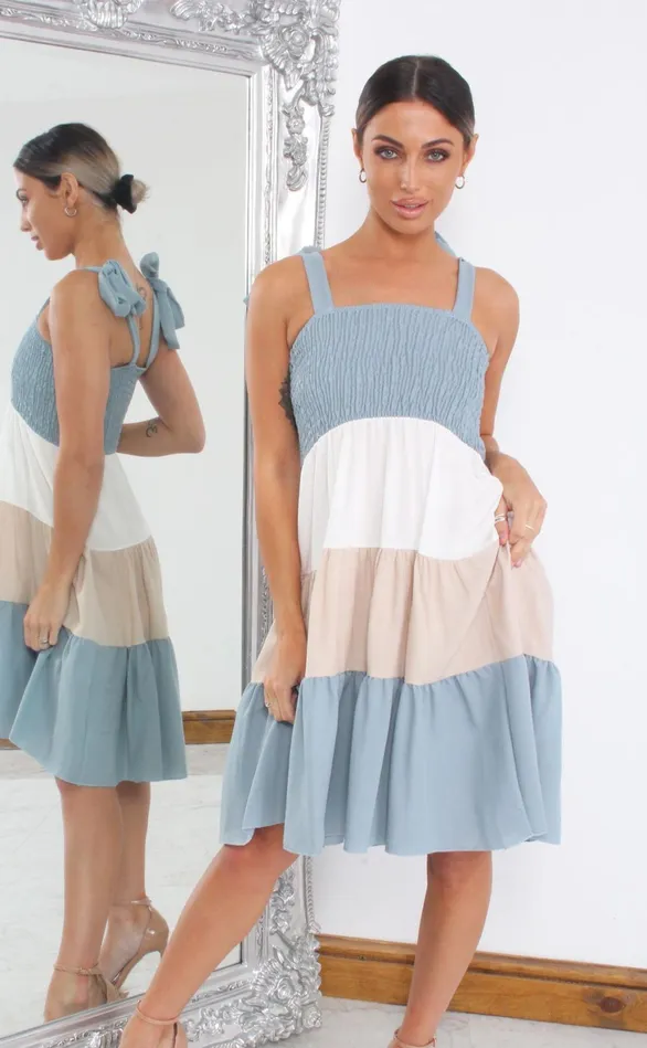 Blue Shirred Colour Block Tiered Shift Dress Women Missfiga Skater Dresses