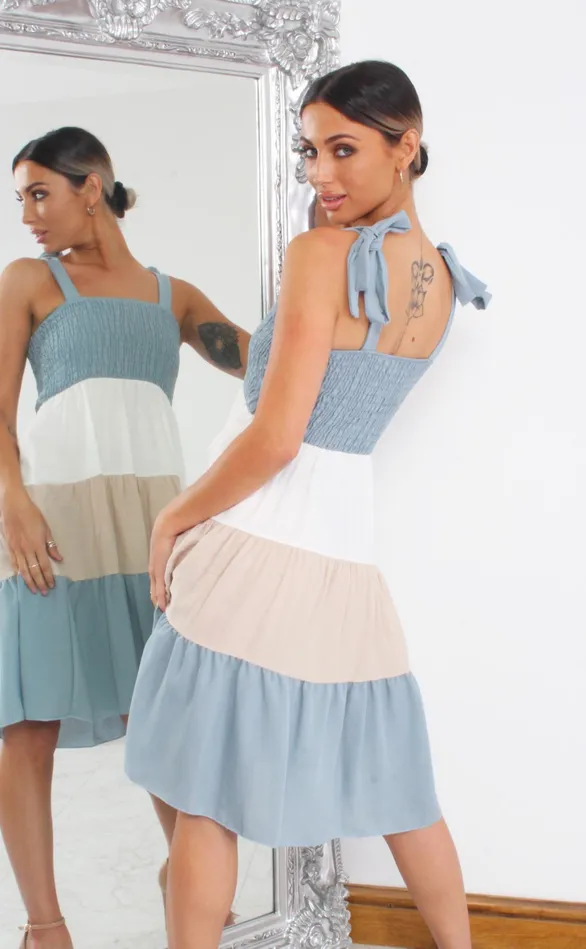Blue Shirred Colour Block Tiered Shift Dress Women Missfiga Skater Dresses Blue Shirred Colour Block Tiered Shift Dress Women Missfiga Skater Dresses