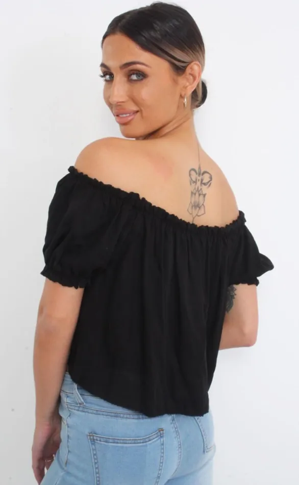 Chai Black Bardot Tie Detail Top Women Missfiga Tops Chai Black Bardot Tie Detail Top Women Missfiga Tops