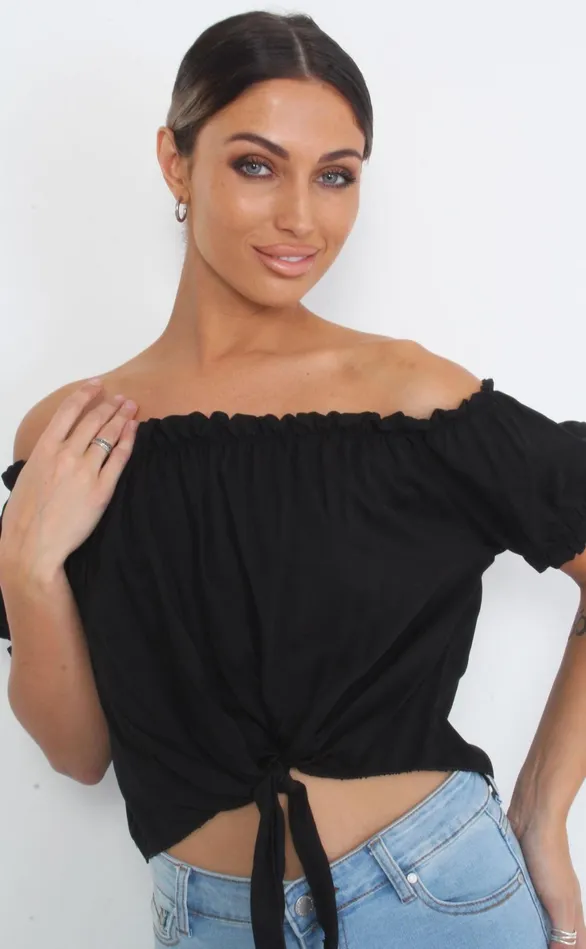 Chai Black Bardot Tie Detail Top Women Missfiga Tops Chai Black Bardot Tie Detail Top Women Missfiga Tops