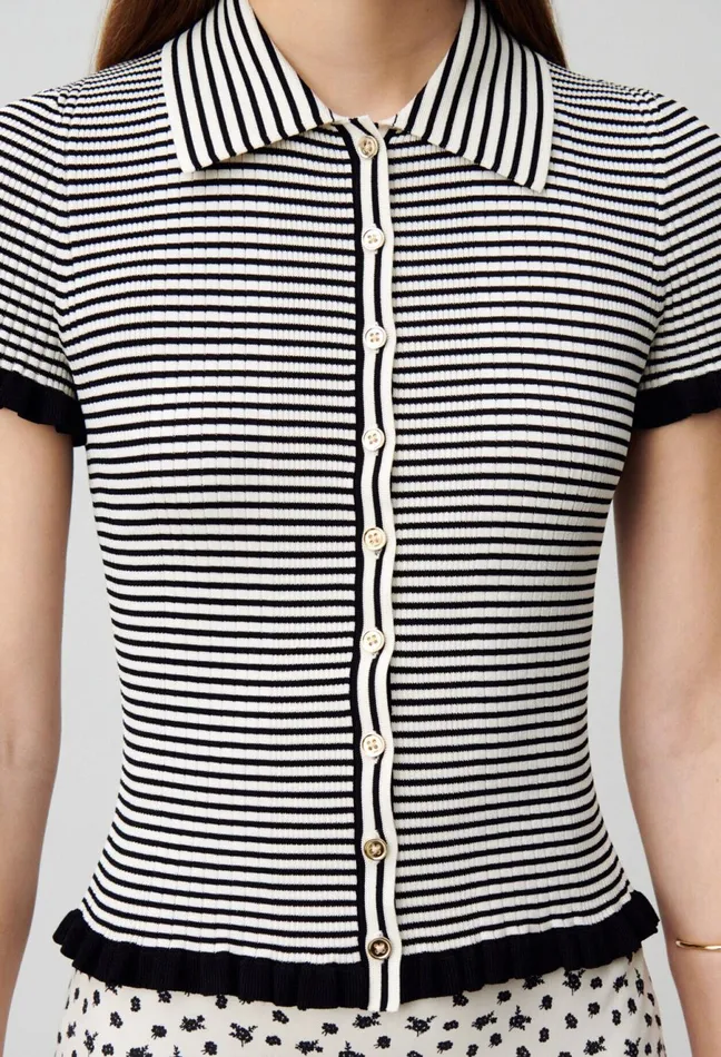 Claudie Pierlot Buttoned Striped Polo Top Ecru Women Tops And Shirts