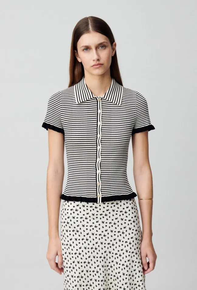 Claudie Pierlot Buttoned Striped Polo Top Ecru Women Tops And Shirts