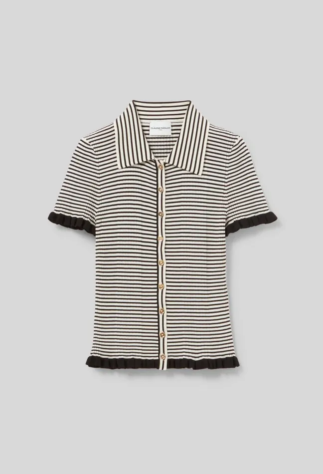 Claudie Pierlot Buttoned Striped Polo Top Ecru Women Tops And Shirts