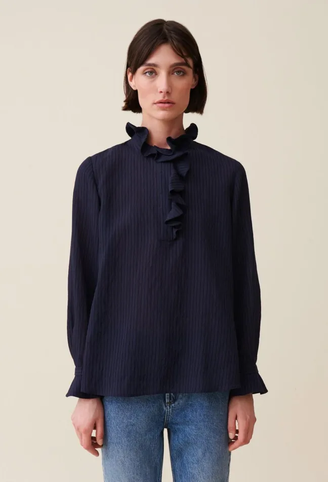 Claudie Pierlot Dark Blue Striped Ruffled Blouse Navy Women Tops And Shirts Claudie Pierlot Dark Blue Striped Ruffled Blouse Navy Women Tops And Shirts