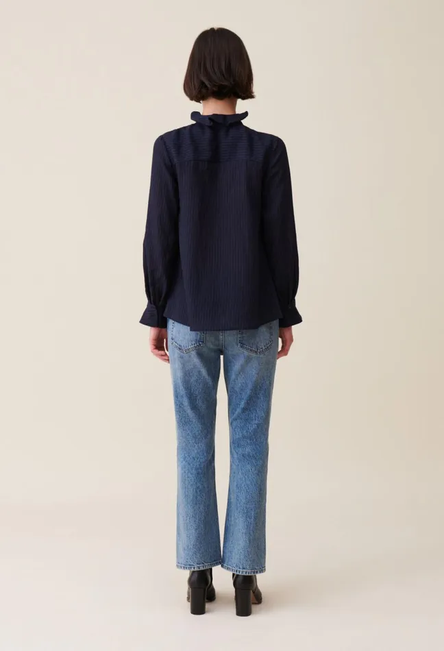 Claudie Pierlot Dark Blue Striped Ruffled Blouse Navy Women Tops And Shirts Claudie Pierlot Dark Blue Striped Ruffled Blouse Navy Women Tops And Shirts