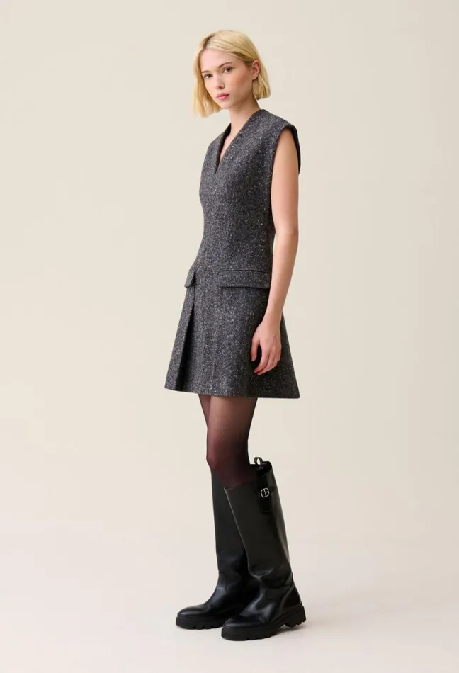 Claudie Pierlot Grey Fitted Tweed Suit Dress Mottled Grey Women Dresses