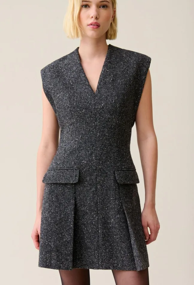 Claudie Pierlot Grey Fitted Tweed Suit Dress Mottled Grey Women Dresses Claudie Pierlot Grey Fitted Tweed Suit Dress Mottled Grey Women Dresses