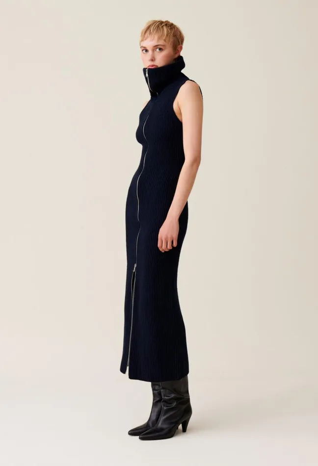 Claudie Pierlot High Neck Zip Knit Dress China Blue Women Dresses Claudie Pierlot High Neck Zip Knit Dress China Blue Women Dresses