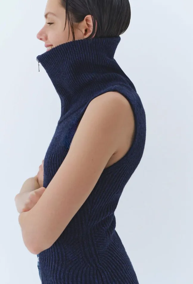 Claudie Pierlot High Neck Zip Knit Dress China Blue Women Dresses Claudie Pierlot High Neck Zip Knit Dress China Blue Women Dresses