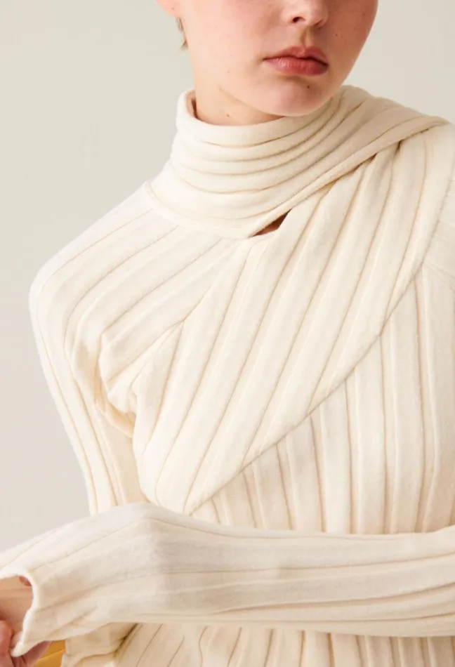 Claudie Pierlot Long Knitted Dress With Tie Scarf Ivory Women Dresses Claudie Pierlot Long Knitted Dress With Tie Scarf Ivory Women Dresses