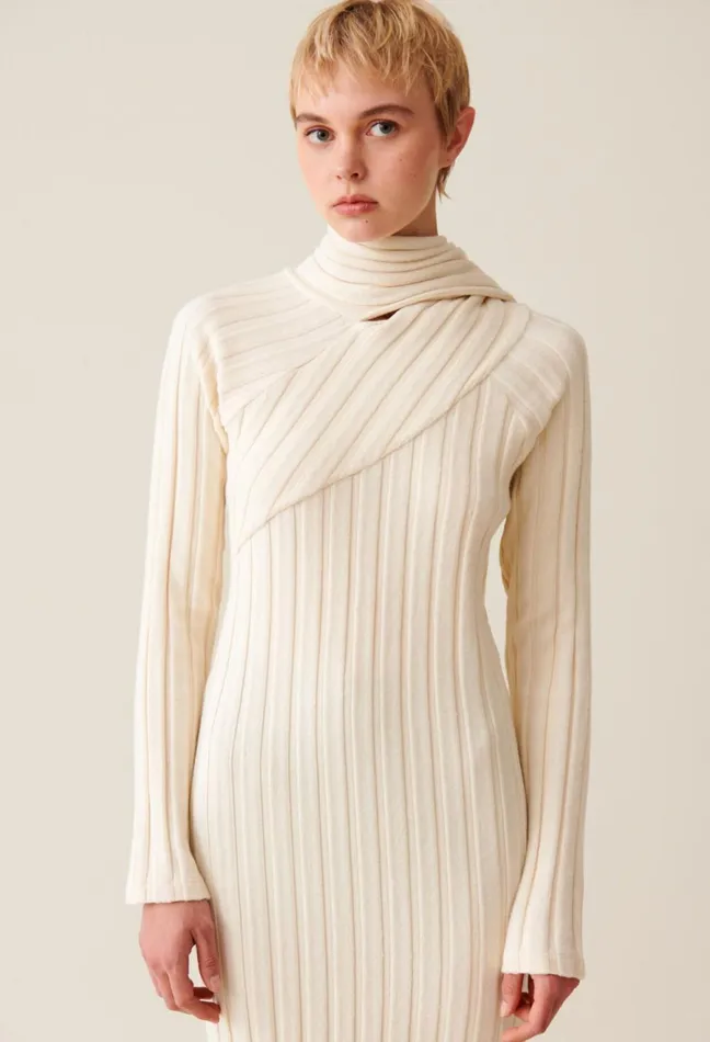 Claudie Pierlot Long Knitted Dress With Tie Scarf Ivory Women Dresses Claudie Pierlot Long Knitted Dress With Tie Scarf Ivory Women Dresses
