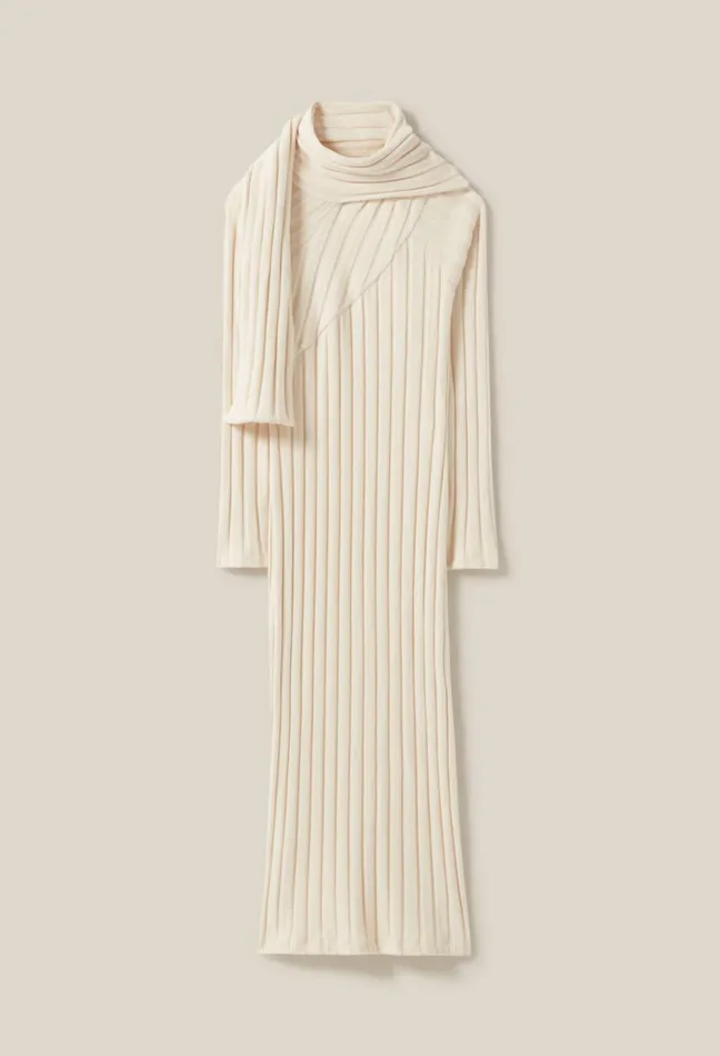 Claudie Pierlot Long Knitted Dress With Tie Scarf Ivory Women Dresses Claudie Pierlot Long Knitted Dress With Tie Scarf Ivory Women Dresses